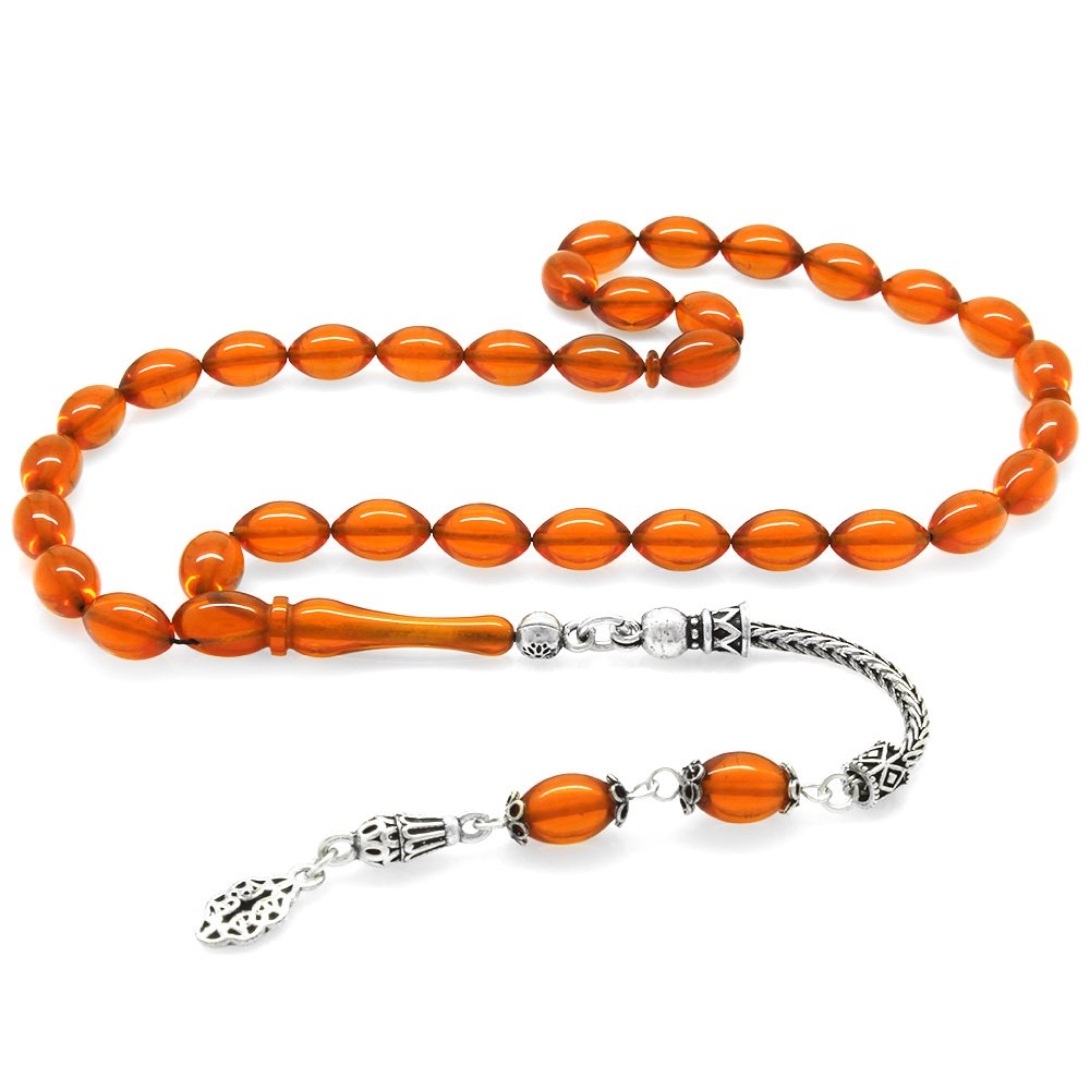 925 Ayar Gümüş Püsküllü Arpa Kesim Amber Kırmızı Ateş Kehribar Tesbih 925 Ayar Gümüş Püsküllü Arpa Kesim Amber Kırmızı Ateş Kehribar Tesbih