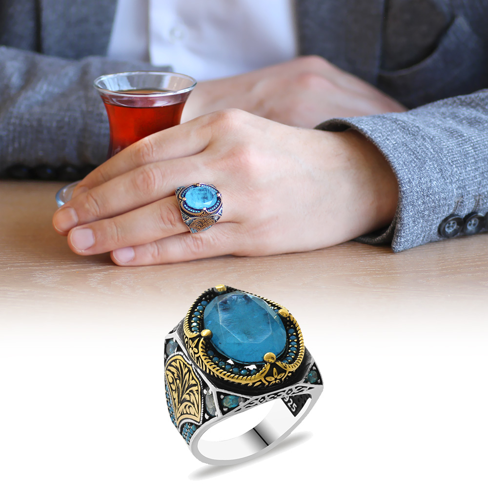 Aqua Paraiba Taşlı Kenarları Kalem İşçilik Detaylı 925 Ayar Gümüş Erkek Yüzük Aqua Paraiba Taşlı Kenarları Kalem İşçilik Detaylı 925 Ayar Gümüş Erkek Yüzük