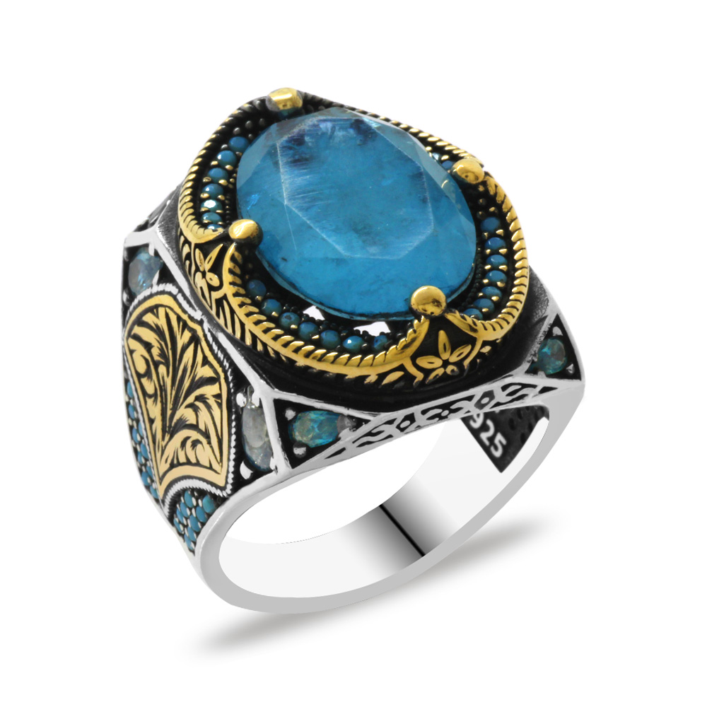 Aqua Paraiba Taşlı Kenarları Kalem İşçilik Detaylı 925 Ayar Gümüş Erkek Yüzük Aqua Paraiba Taşlı Kenarları Kalem İşçilik Detaylı 925 Ayar Gümüş Erkek Yüzük