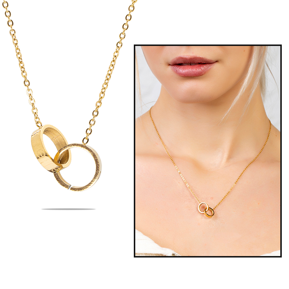 Çift Alyans Tasarım Gold Renk Çelik Kadın Kolye Çift Alyans Tasarım Gold Renk Çelik Kadın Kolye