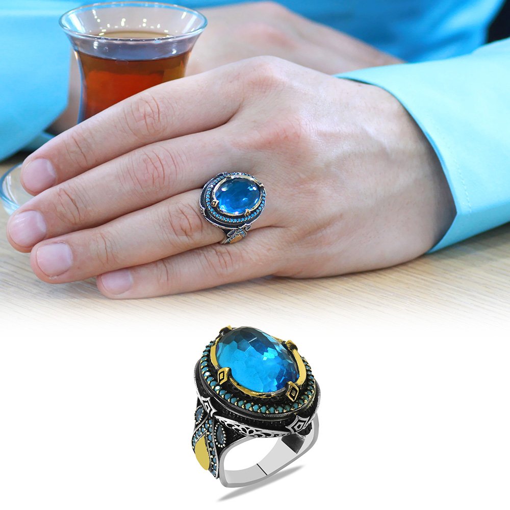 Faset Aqua Zirkon Taşlı Kral Tacı Tasarım Kişiye Özel İsim/Harf Yazılı 925 Ayar Gümüş Erkek Yüzük Faset Aqua Zirkon Taşlı Kral Tacı Tasarım Kişiye Özel İsim/Harf Yazılı 925 Ayar Gümüş Erkek Yüzük