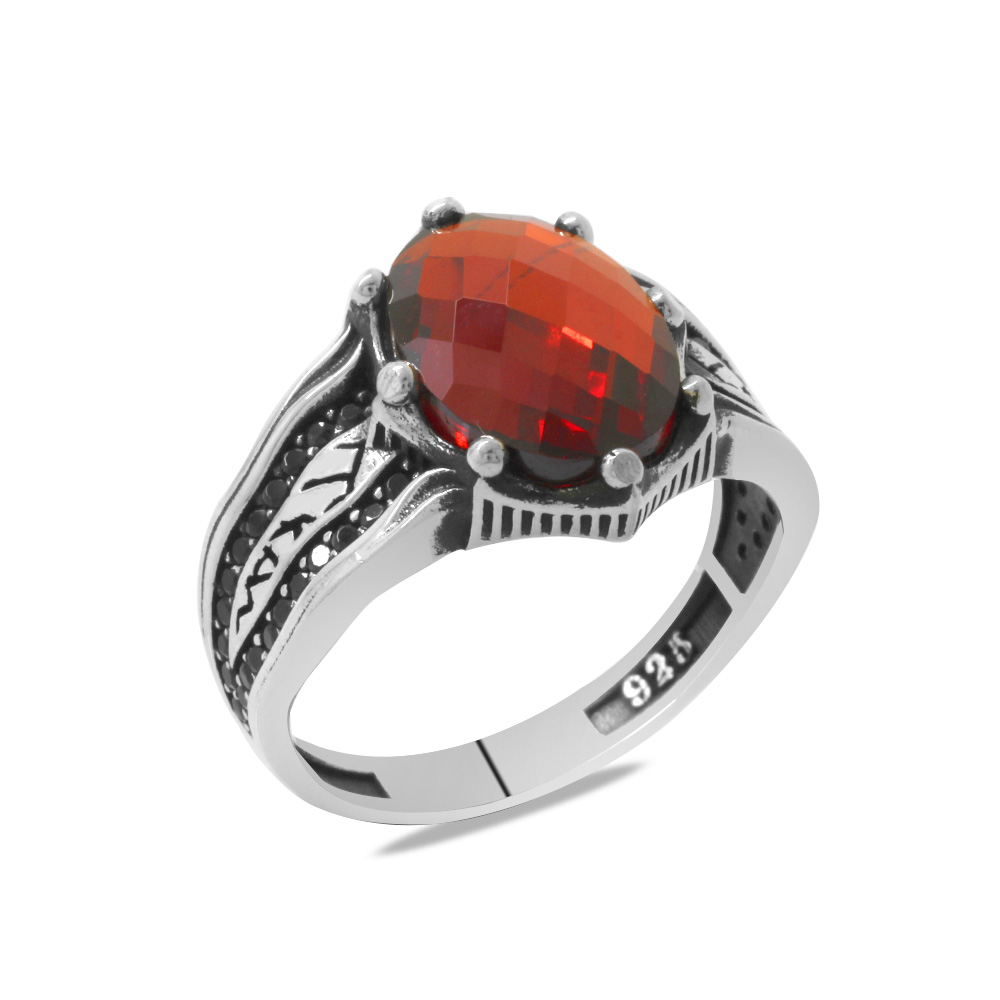 Faset Kırmızı Zirkon Taşlı Oval Tasarım 925 Ayar Gümüş Erkek Yüzük Faset Kırmızı Zirkon Taşlı Oval Tasarım 925 Ayar Gümüş Erkek Yüzük