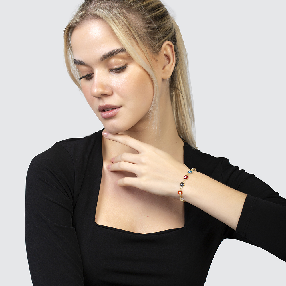 Nazar Boncuğu Detaylı Multicolor Gold Renk 925 Ayar Gümüş Kadın Bileklik Nazar Boncuğu Detaylı Multicolor Gold Renk 925 Ayar Gümüş Kadın Bileklik