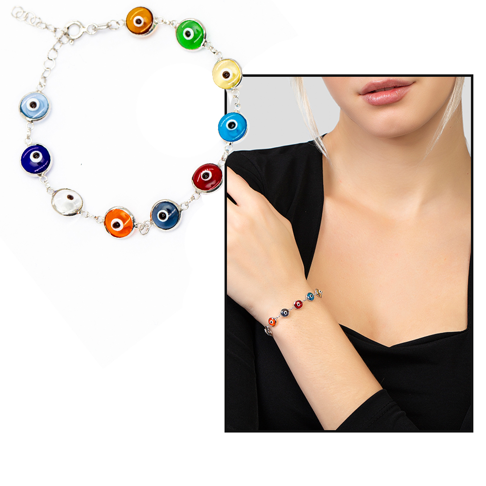 Nazar Boncuğu Detaylı Multicolor Mineli Silver Renk 925 Ayar Gümüş Kadın Bileklik Nazar Boncuğu Detaylı Multicolor Mineli Silver Renk 925 Ayar Gümüş Kadın Bileklik