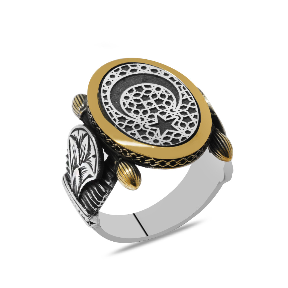 Oval Otantik Tasarım Ayyıldız Motifli 925 Ayar Gümüş Erkek Yüzük Oval Otantik Tasarım Ayyıldız Motifli 925 Ayar Gümüş Erkek Yüzük